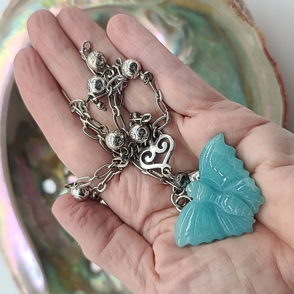 $68 Brighton "JUNAN BUTTERFLY" Retired Carved Stone Pendant 🦋 Rare!!
